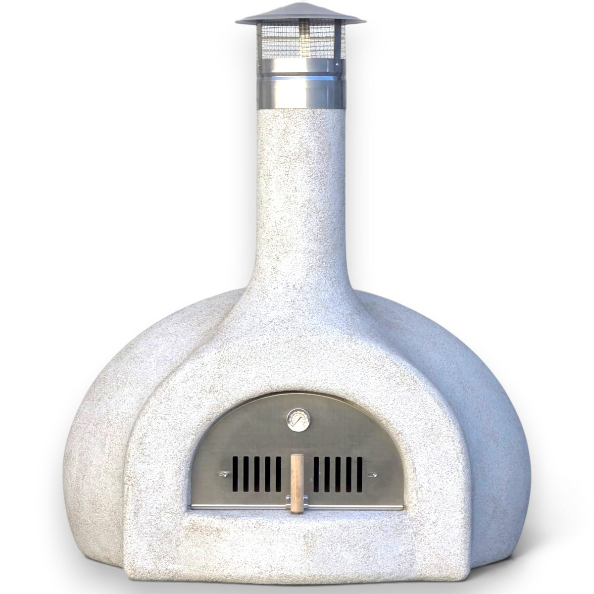 Front view of the Pizza Oven Club ready-made wood-fired pizza oven in a plain rendered finish.