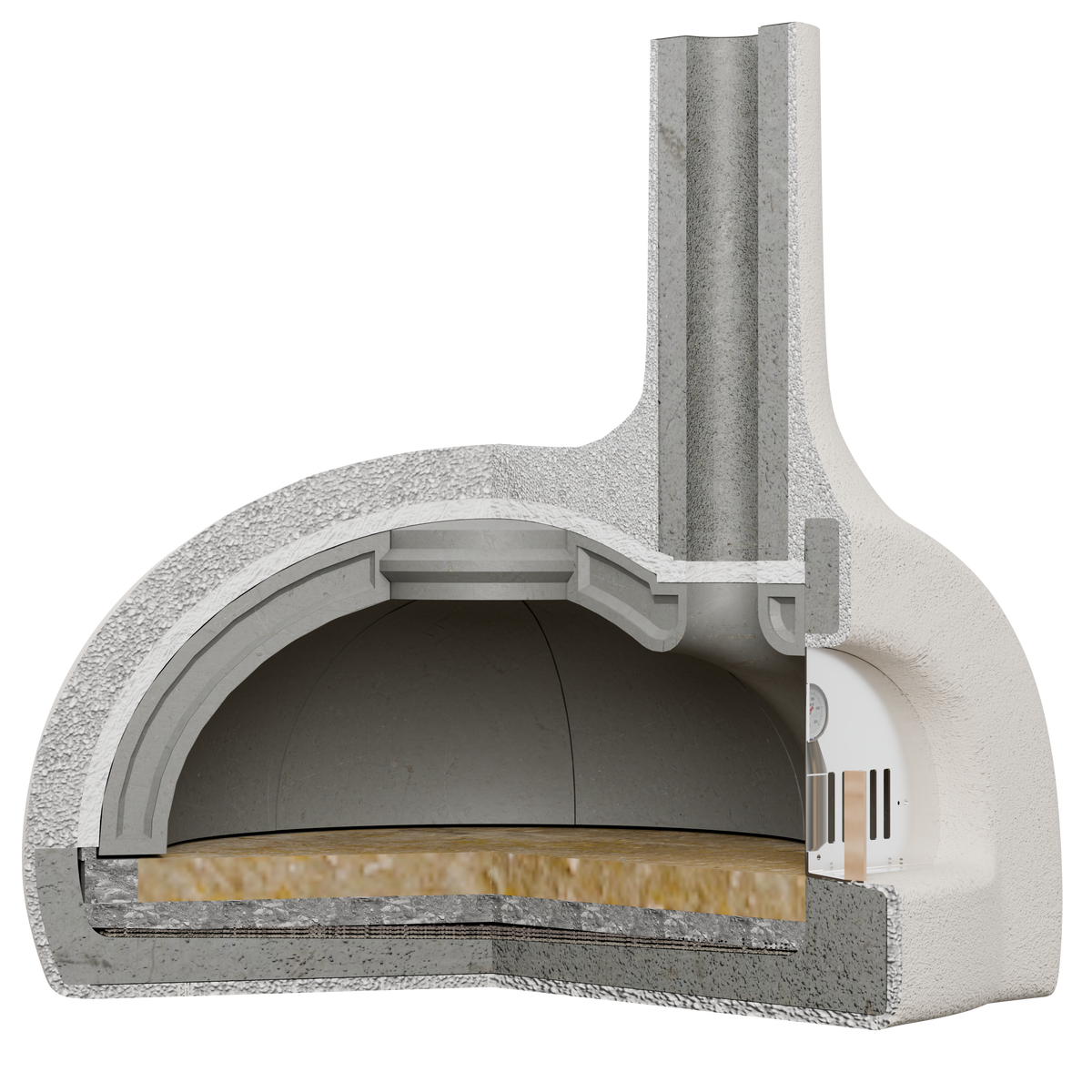Cutaway view showing the layered construction of the Pizza Oven Club wood-fired oven.