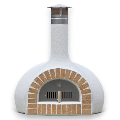 Front view of the Pizza Oven Club ready-made wood-fired pizza oven with a brick-finished entrance.