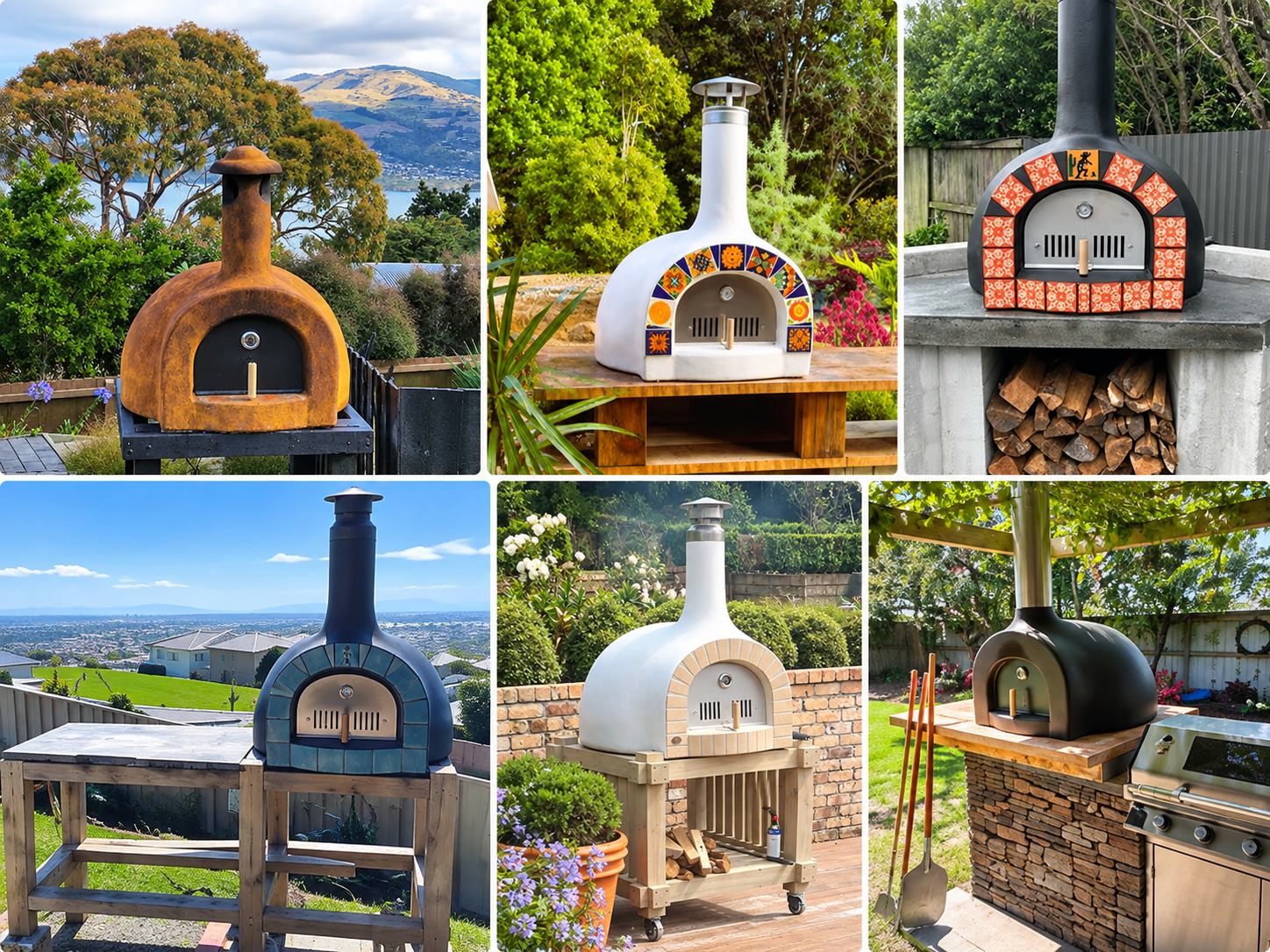 Collage of wood-fired pizza oven installations from Kiwi Pizza Oven customers in New Zealand