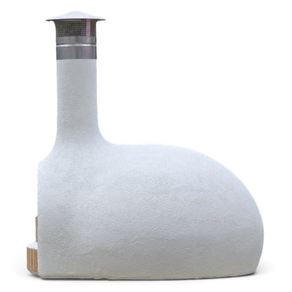 Side view of the Pizza Oven Club ready-made wood-fired pizza oven in a plain rendered finish.