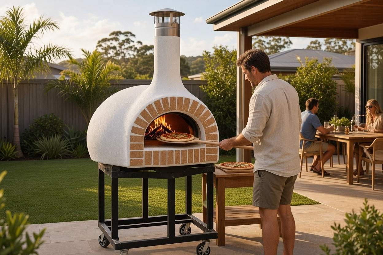 Man cooking pizza in a wood-fired pizza oven while friends relax in a backyard entertaining area