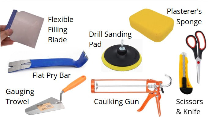 Basic tools for assembling and finishing a wood-fired pizza oven kit, including a trowel, caulking gun, sanding pad, pry bar, sponge, scissors and knife